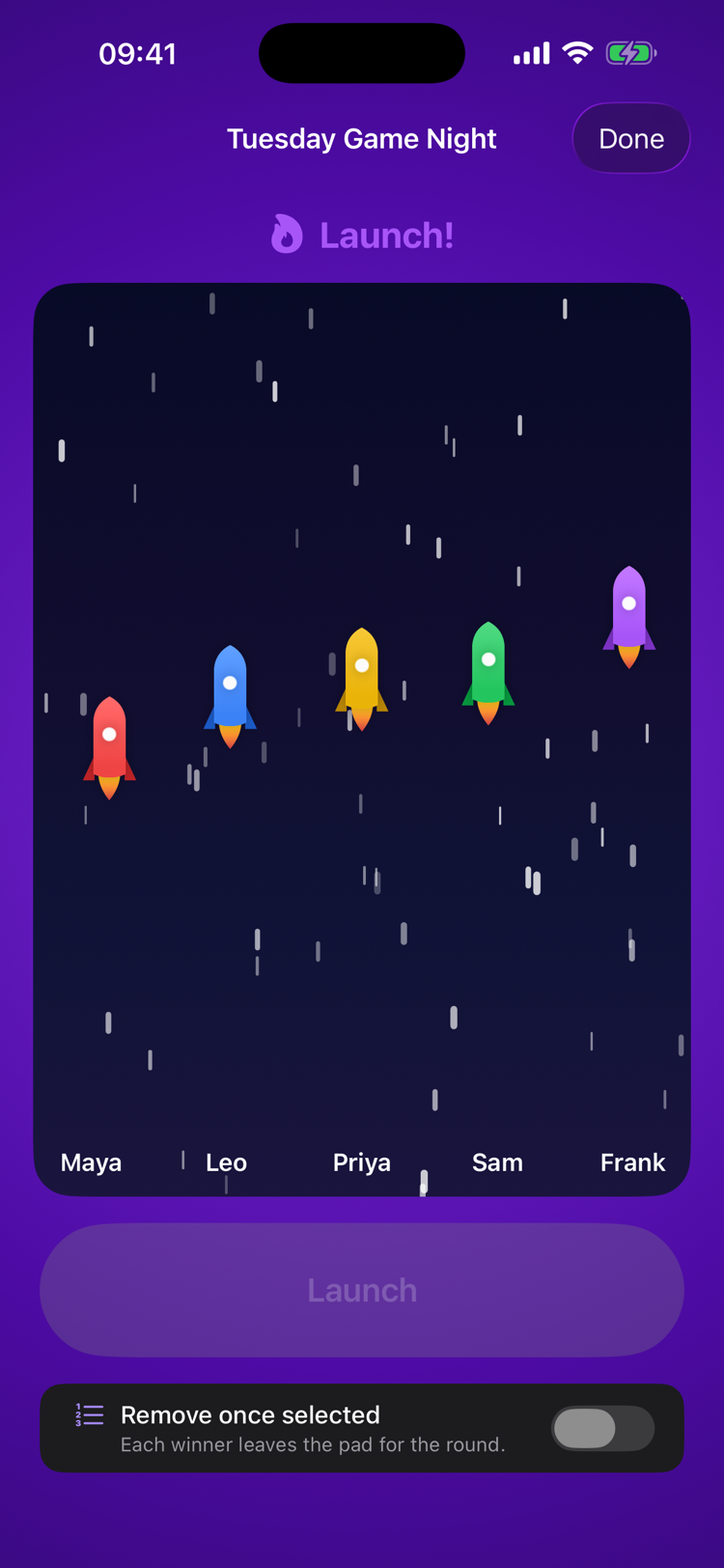 Rocket launch race picker