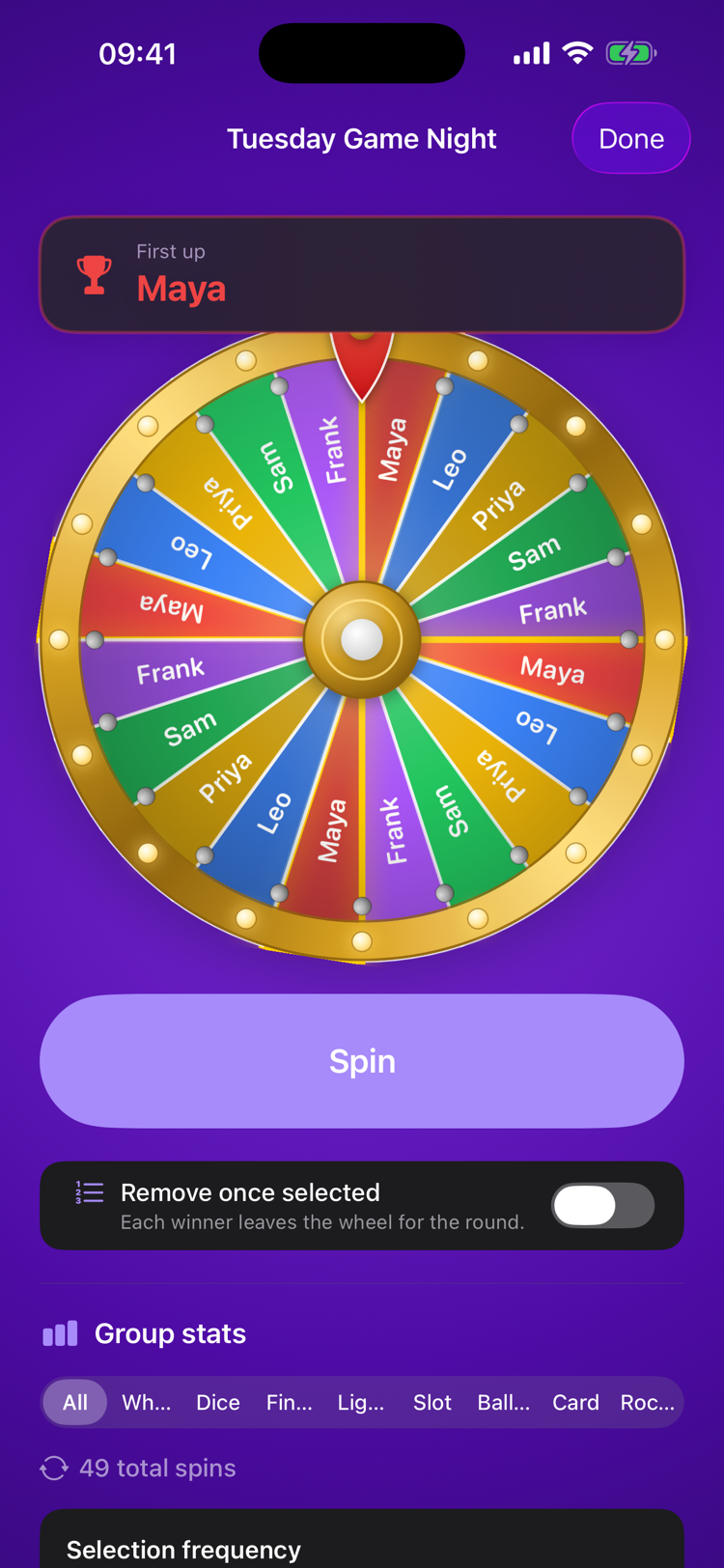 WhosFirst spinning wheel picker on iPhone